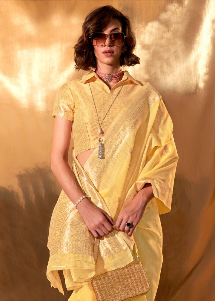 Titanium Yellow Linen Silk Saree with Woven Zari Highlights - House of Sarvati LLC
