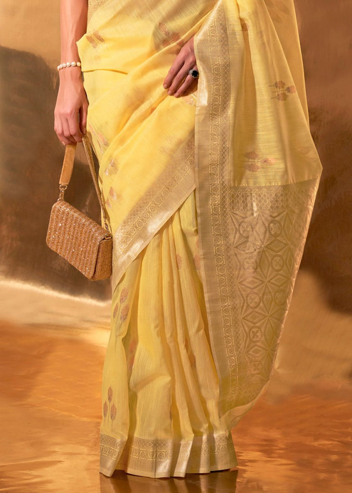 Titanium Yellow Linen Silk Saree with Woven Zari Highlights - House of Sarvati LLC