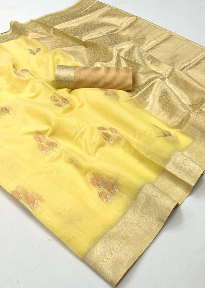 Titanium Yellow Linen Silk Saree with Woven Zari Highlights - House of Sarvati LLC
