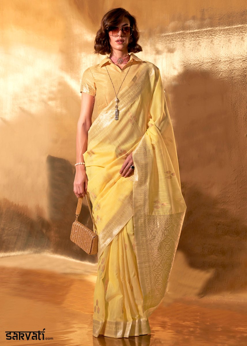 Titanium Yellow Linen Silk Saree with Woven Zari Highlights - House of Sarvati LLC