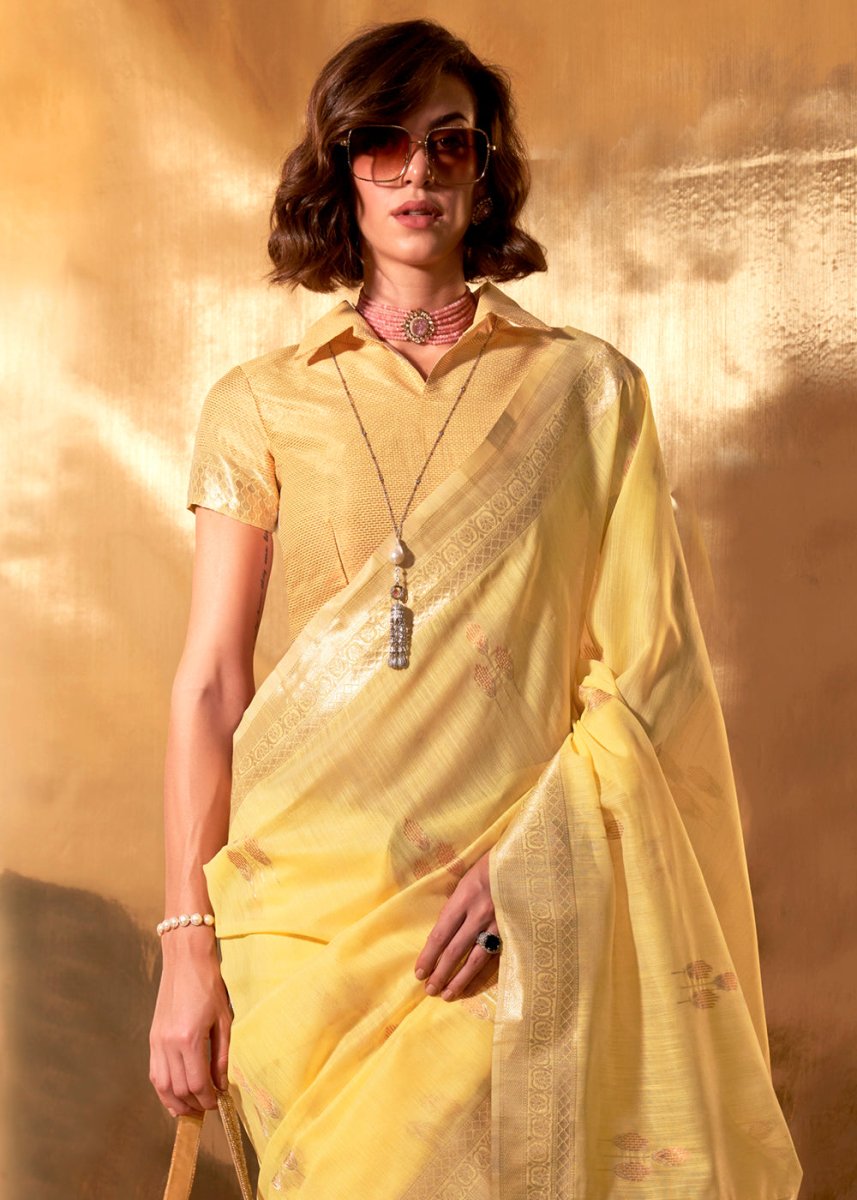 Titanium Yellow Linen Silk Saree with Woven Zari Highlights - House of Sarvati LLC