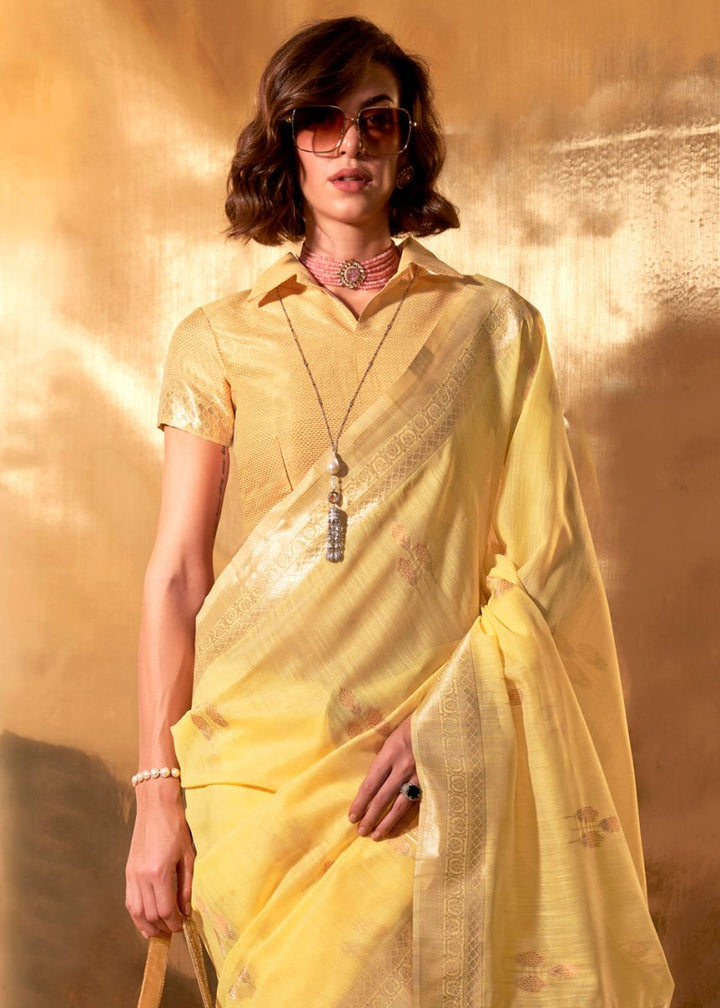 Titanium Yellow Linen Silk Saree with Woven Zari Highlights - House of Sarvati LLC