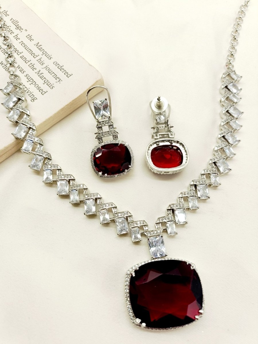 Trishna Maroon American Diamond Necklace Set - House of Sarvati LLC