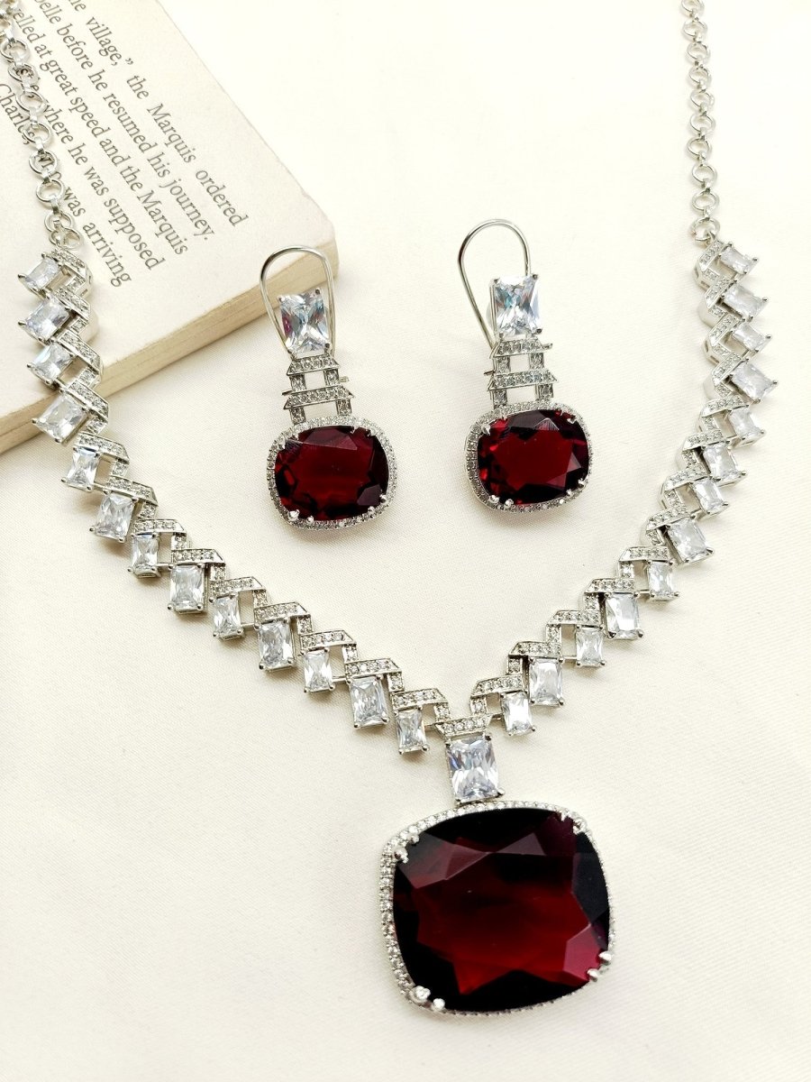 Trishna Maroon American Diamond Necklace Set - House of Sarvati LLC