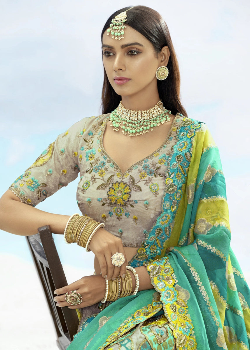 Trout Grey Banarasi Silk Lehenga Choli with Intricate Embroidery and Cut Work - House of Sarvati LLC