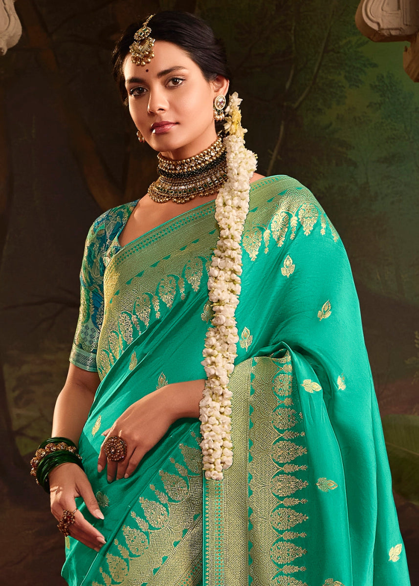 Turquoise Blue Crepe Dola Silk Saree with Rich Zari Weaving - House of Sarvati LLC