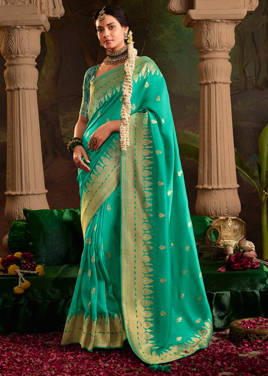 Turquoise Blue Crepe Dola Silk Saree with Rich Zari Weaving - House of Sarvati LLC