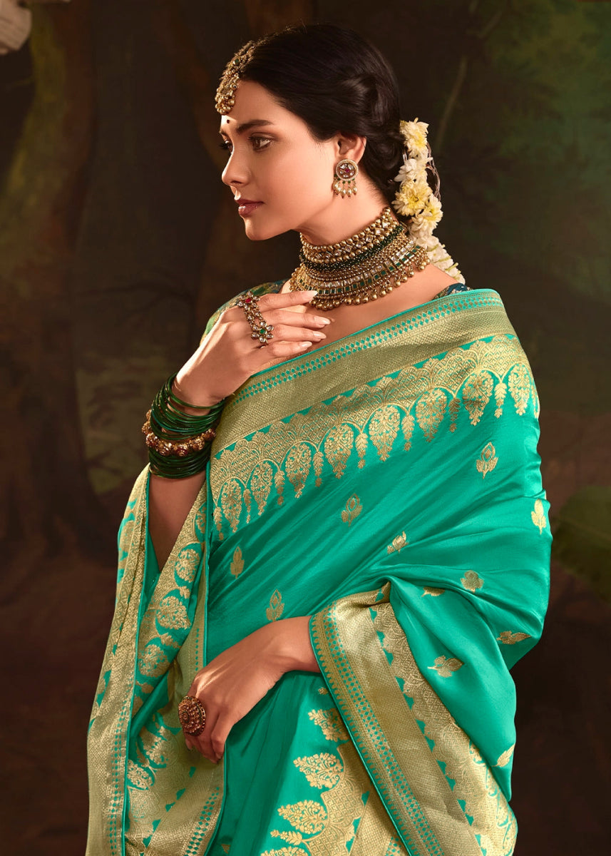 Turquoise Blue Crepe Dola Silk Saree with Rich Zari Weaving - House of Sarvati LLC