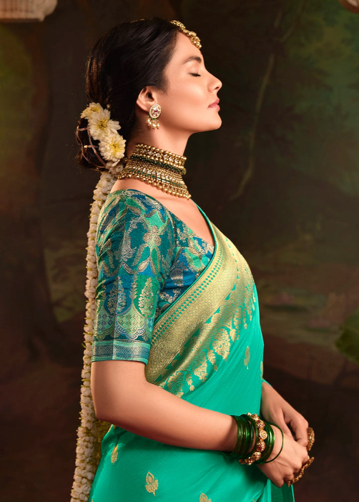 Turquoise Blue Crepe Dola Silk Saree with Rich Zari Weaving - House of Sarvati LLC