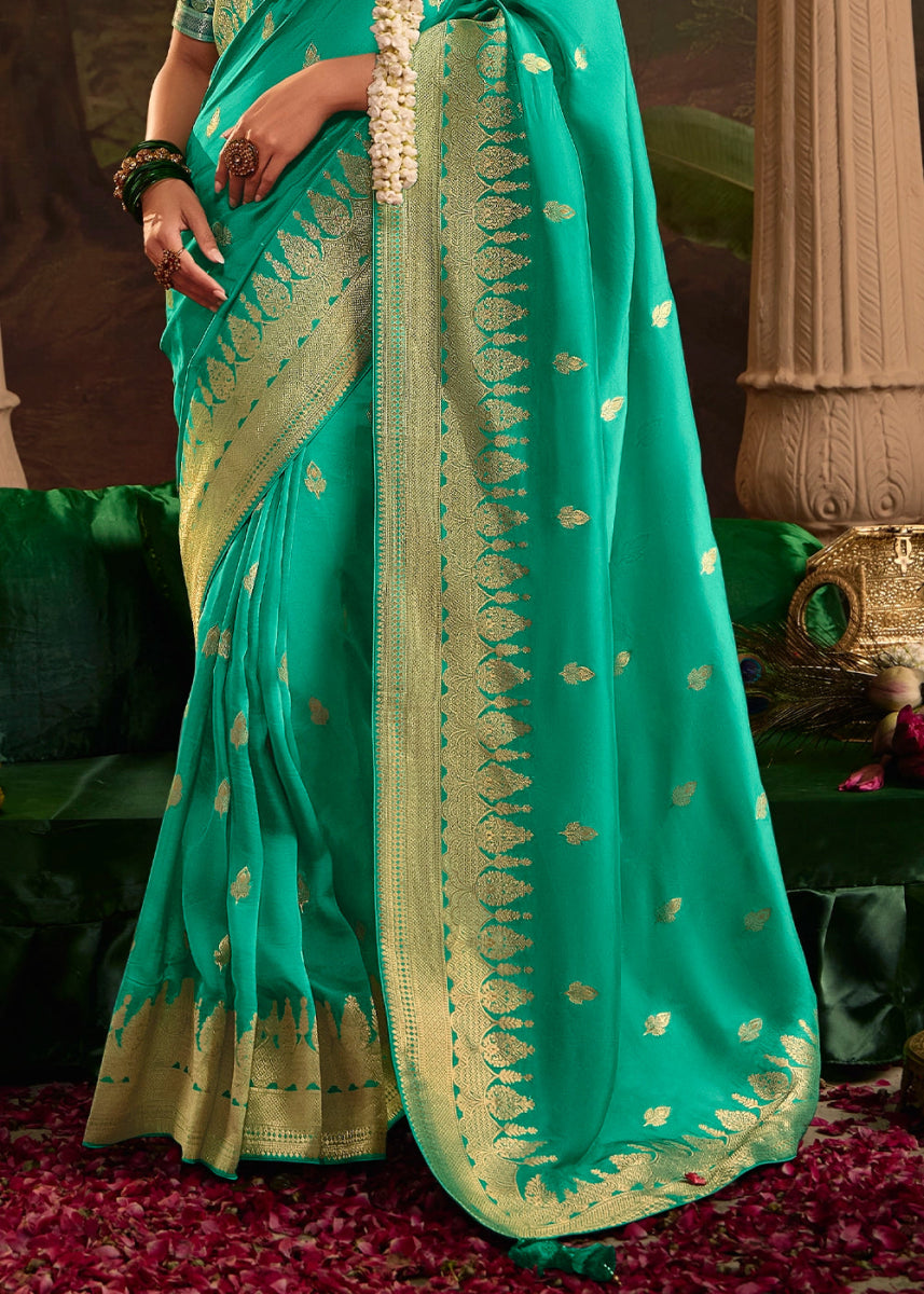 Turquoise Blue Crepe Dola Silk Saree with Rich Zari Weaving - House of Sarvati LLC
