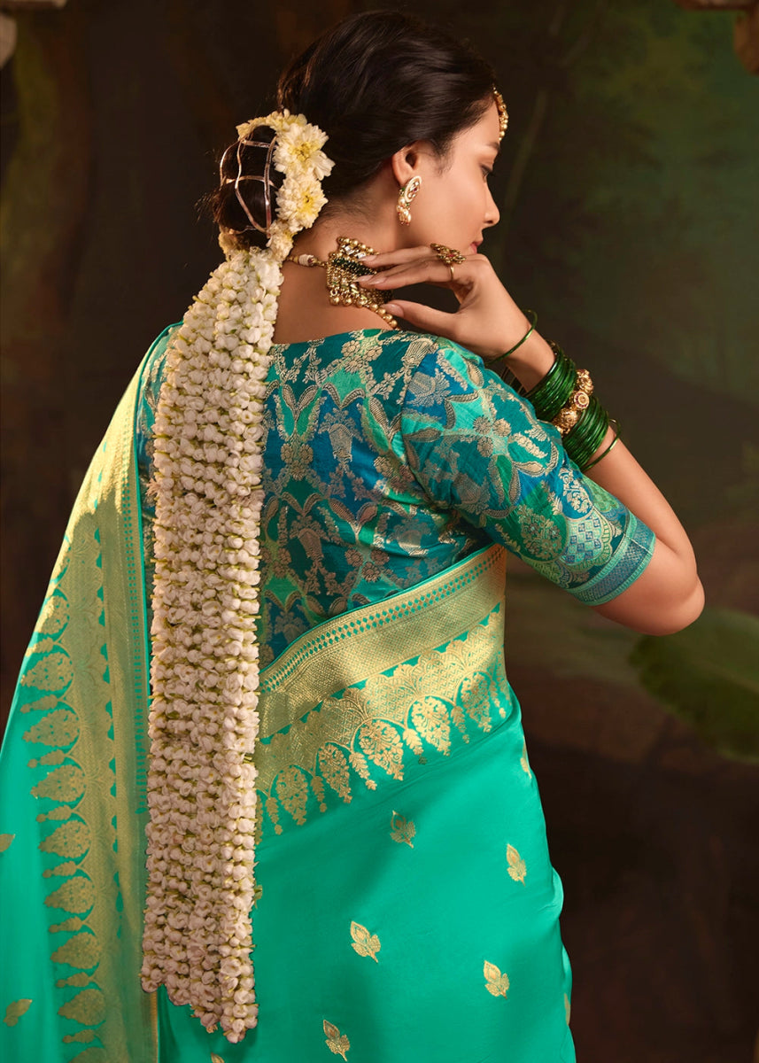Turquoise Blue Crepe Dola Silk Saree with Rich Zari Weaving - House of Sarvati LLC