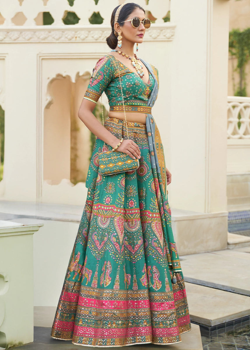 Turquoise Blue Embellished Rajwadi Silk Lehenga Choli with Aari Mirror Work - House of Sarvati LLC