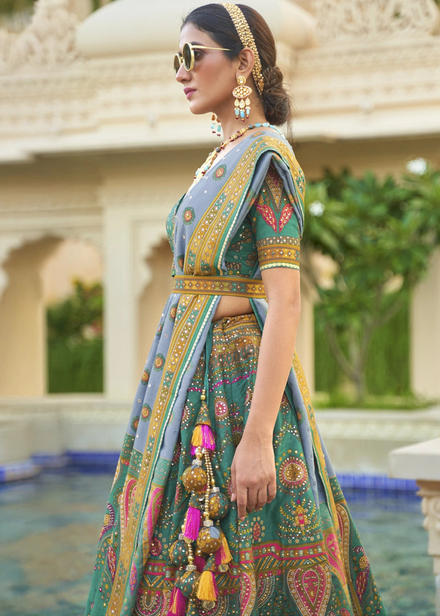 Turquoise Blue Embellished Rajwadi Silk Lehenga Choli with Aari Mirror Work - House of Sarvati LLC