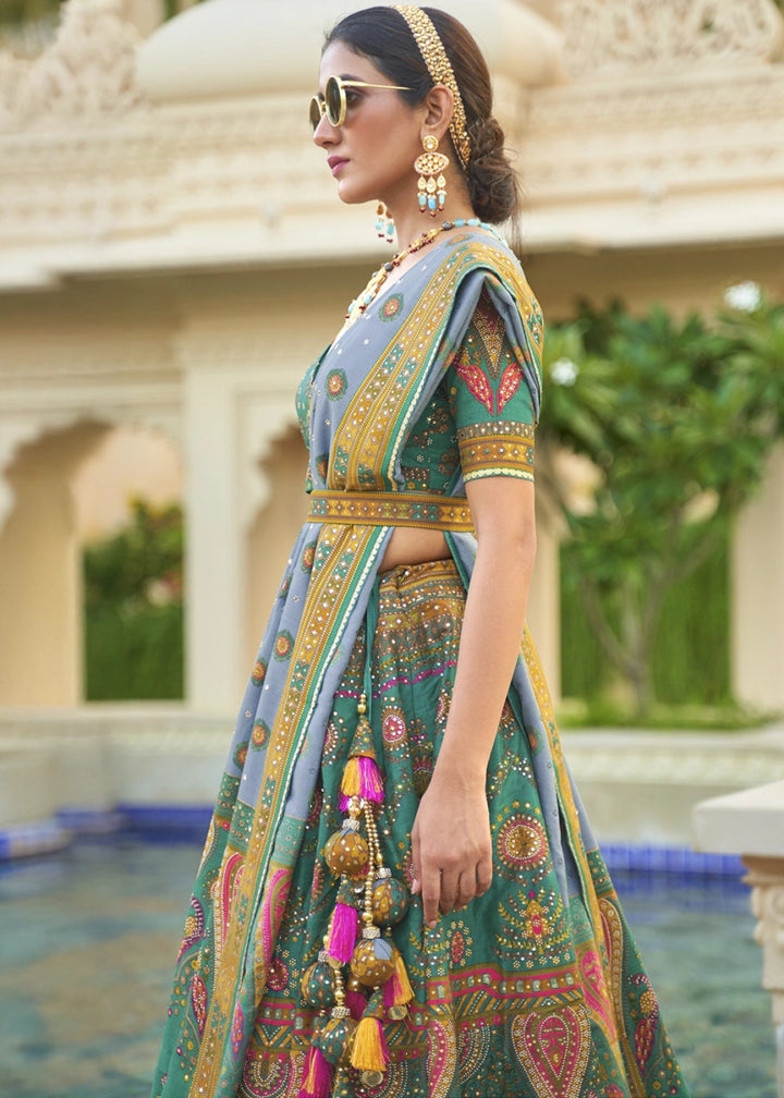 Turquoise Blue Embellished Rajwadi Silk Lehenga Choli with Aari Mirror Work - House of Sarvati LLC
