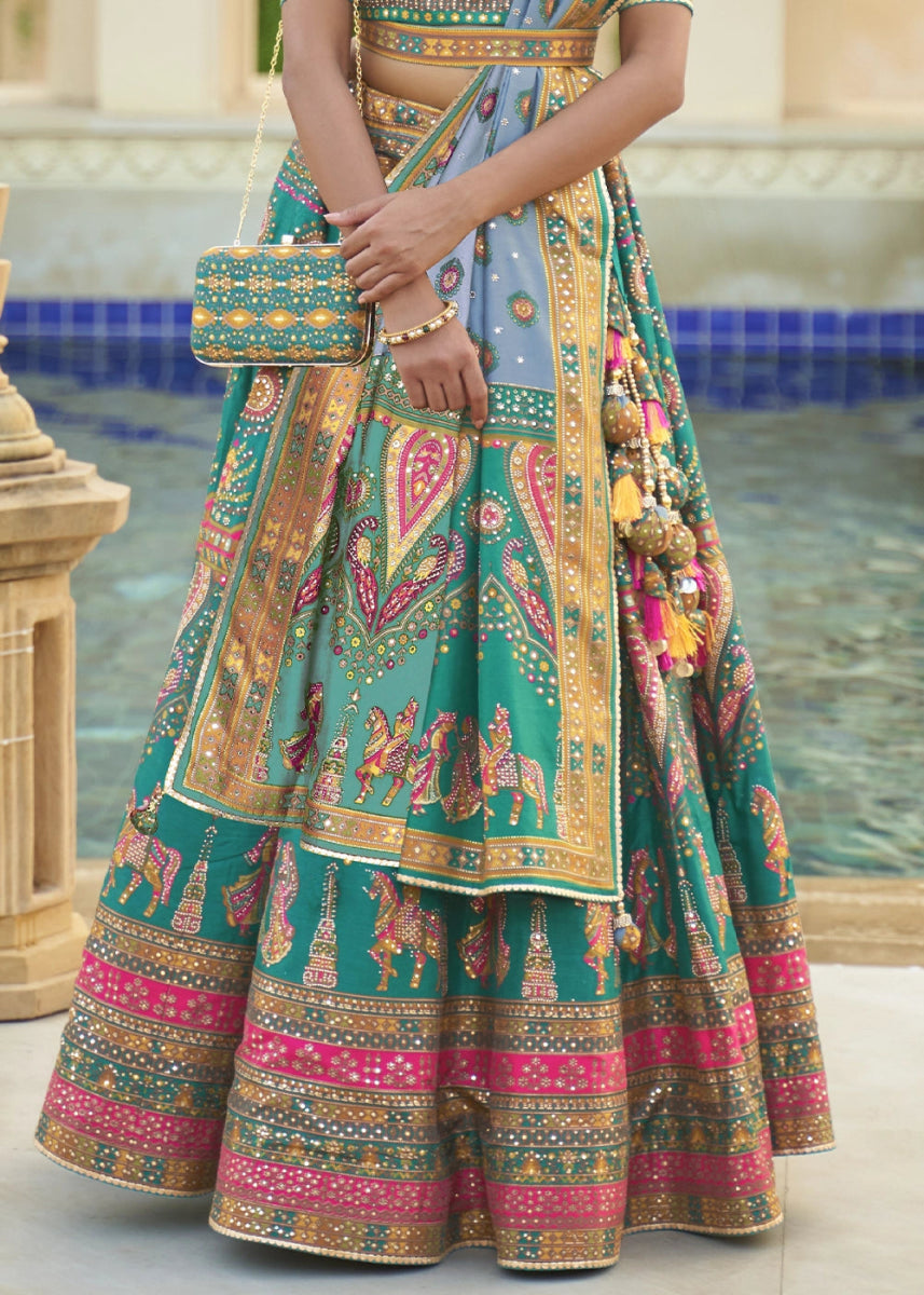 Turquoise Blue Embellished Rajwadi Silk Lehenga Choli with Aari Mirror Work - House of Sarvati LLC