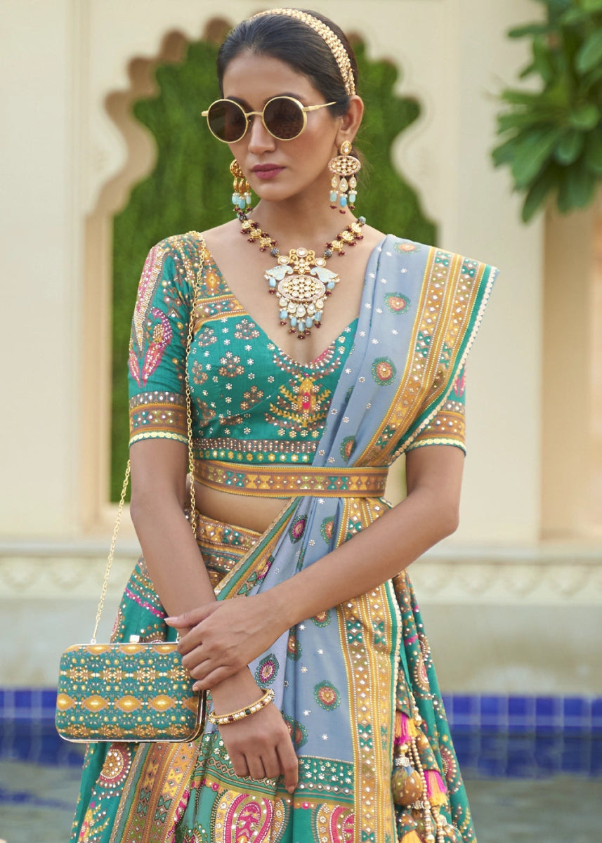 Turquoise Blue Embellished Rajwadi Silk Lehenga Choli with Aari Mirror Work - House of Sarvati LLC