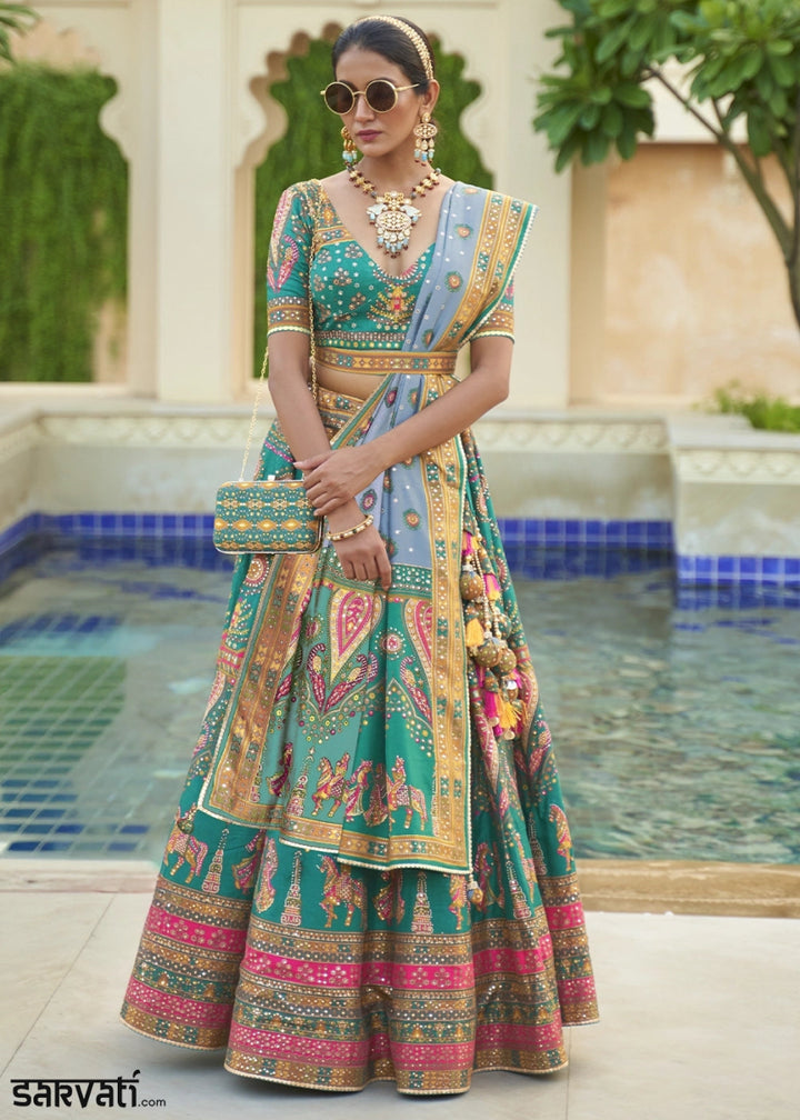Turquoise Blue Embellished Rajwadi Silk Lehenga Choli with Aari Mirror Work - House of Sarvati LLC