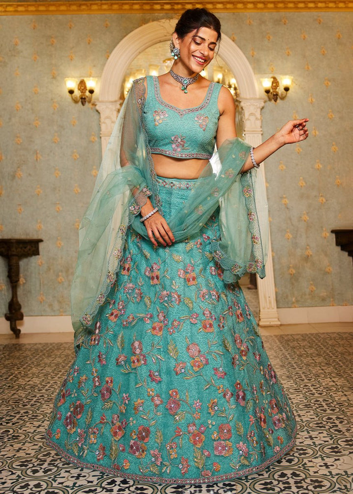 Turquoise Blue Net Lehenga Choli with Coding & Zarkan Work - House of Sarvati LLC