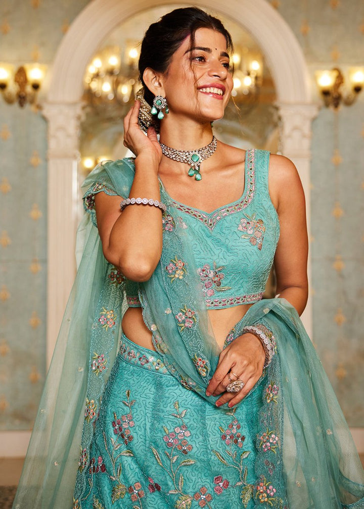 Turquoise Blue Net Lehenga Choli with Coding & Zarkan Work - House of Sarvati LLC