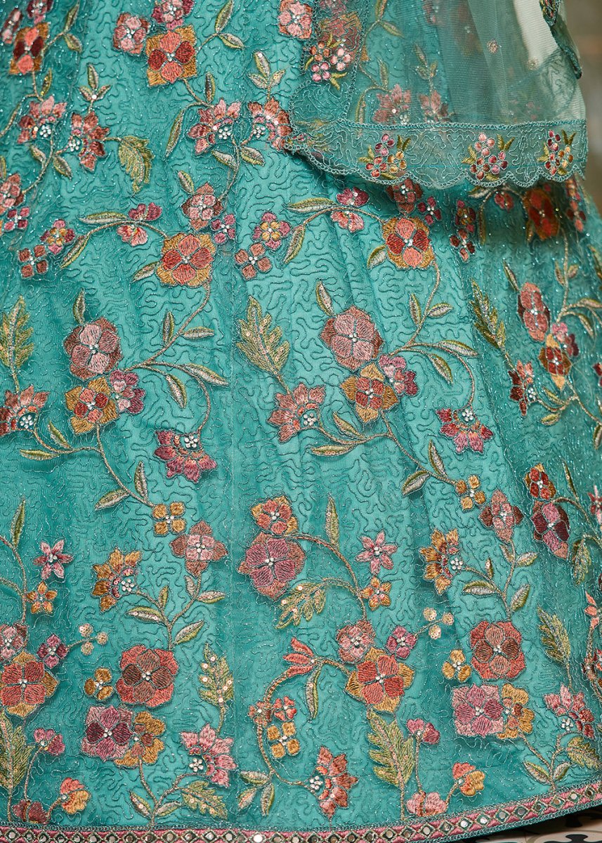 Turquoise Blue Net Lehenga Choli with Coding & Zarkan Work - House of Sarvati LLC