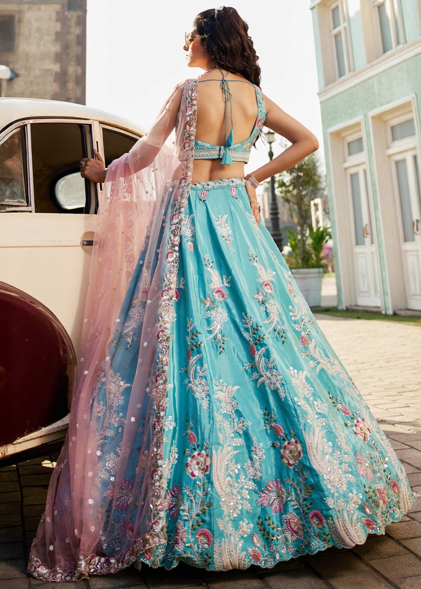 Turquoise Blue Satin Lehenga Choli with Timeless Floral Sequin Detailing - House of Sarvati LLC
