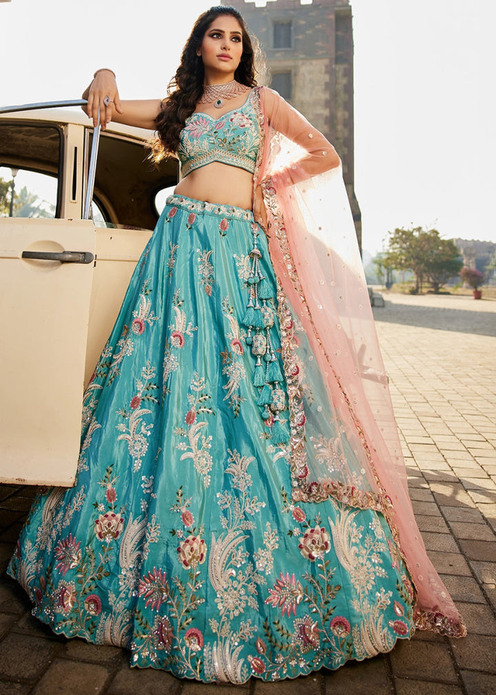 Turquoise Blue Satin Lehenga Choli with Timeless Floral Sequin Detailing - House of Sarvati LLC