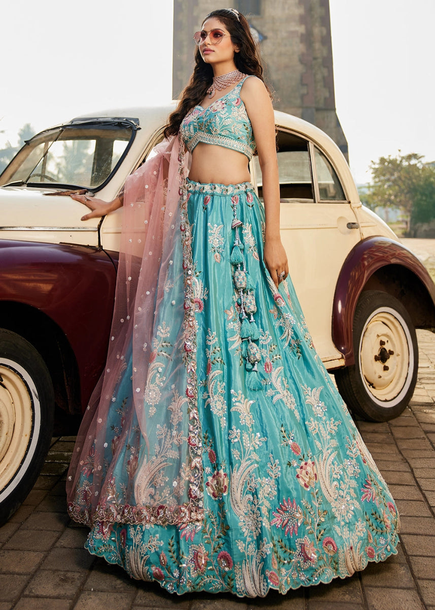 Turquoise Blue Satin Lehenga Choli with Timeless Floral Sequin Detailing - House of Sarvati LLC