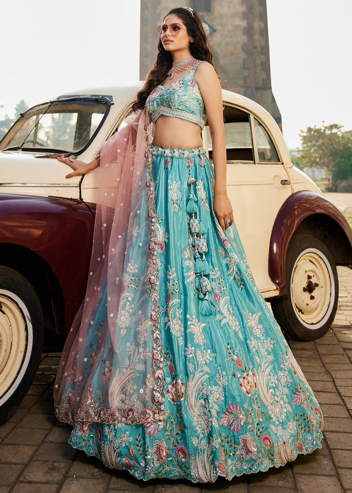 Turquoise Blue Satin Lehenga Choli with Timeless Floral Sequin Detailing - House of Sarvati LLC