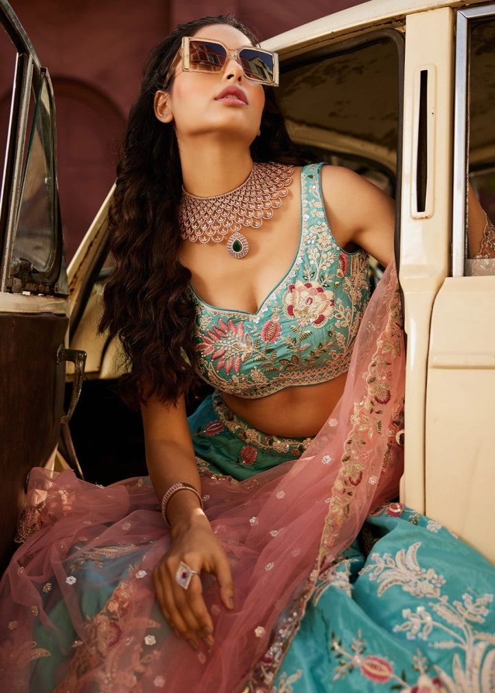 Turquoise Blue Satin Lehenga Choli with Timeless Floral Sequin Detailing - House of Sarvati LLC