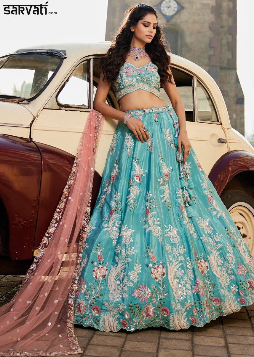 Turquoise Blue Satin Lehenga Choli with Timeless Floral Sequin Detailing - House of Sarvati LLC