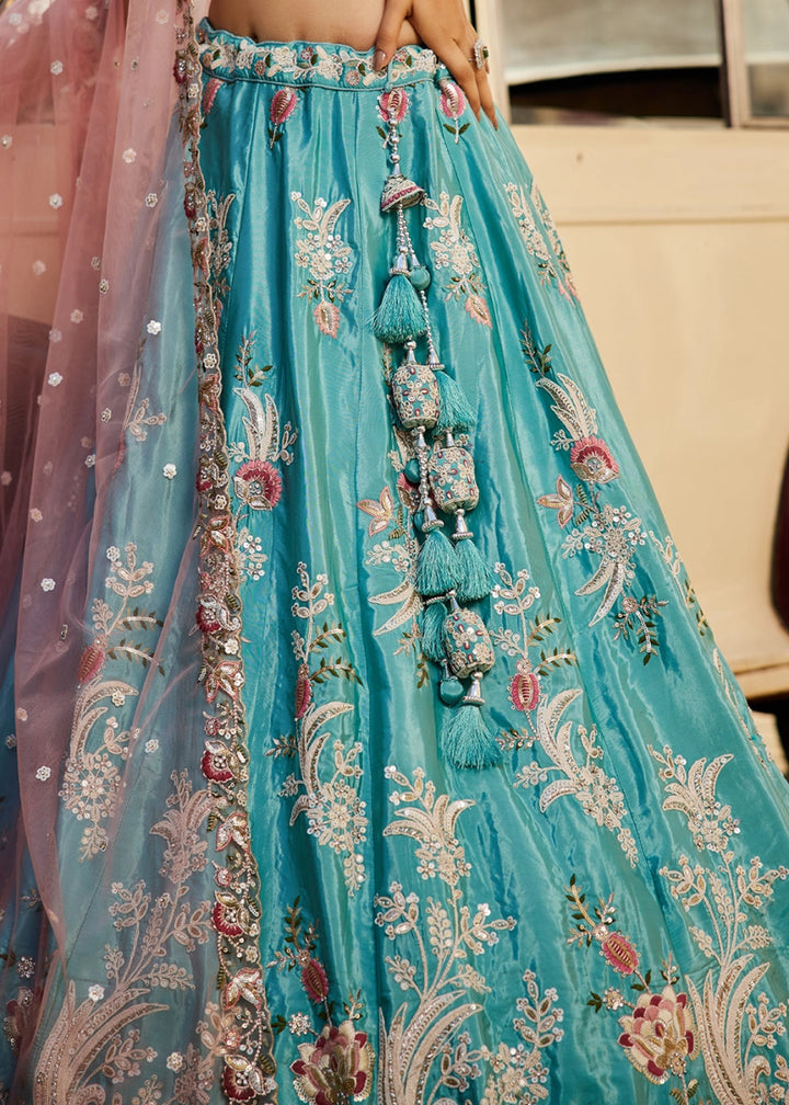 Turquoise Blue Satin Lehenga Choli with Timeless Floral Sequin Detailing - House of Sarvati LLC
