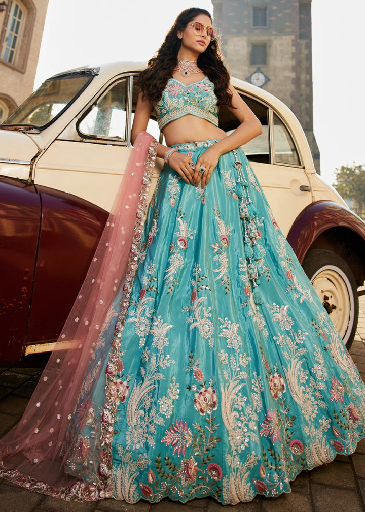 Turquoise Blue Satin Lehenga Choli with Timeless Floral Sequin Detailing - House of Sarvati LLC