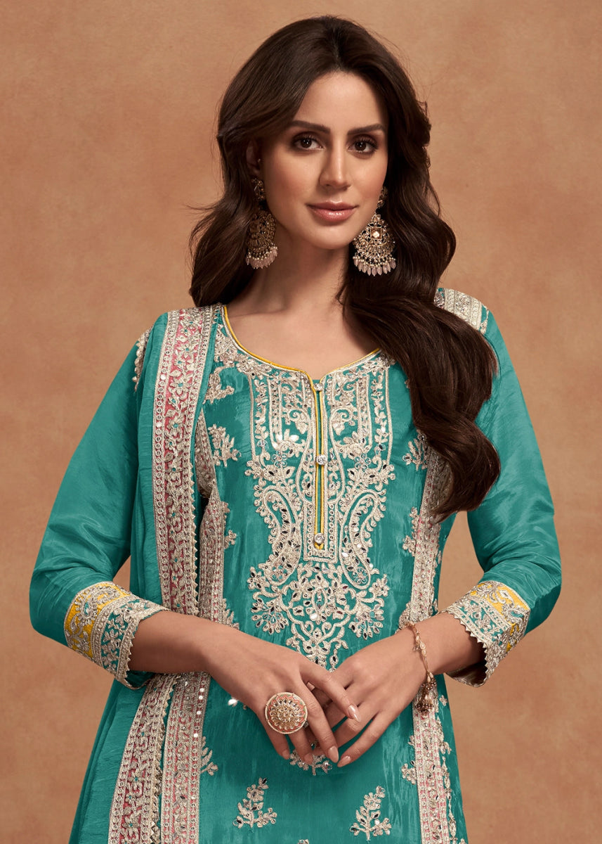 Turquoise Blue Simar Silk Palazzo Suit Adorned with Floral Embroidery - House of Sarvati LLC
