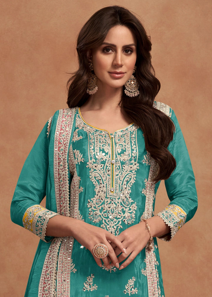 Turquoise Blue Simar Silk Palazzo Suit Adorned with Floral Embroidery - House of Sarvati LLC