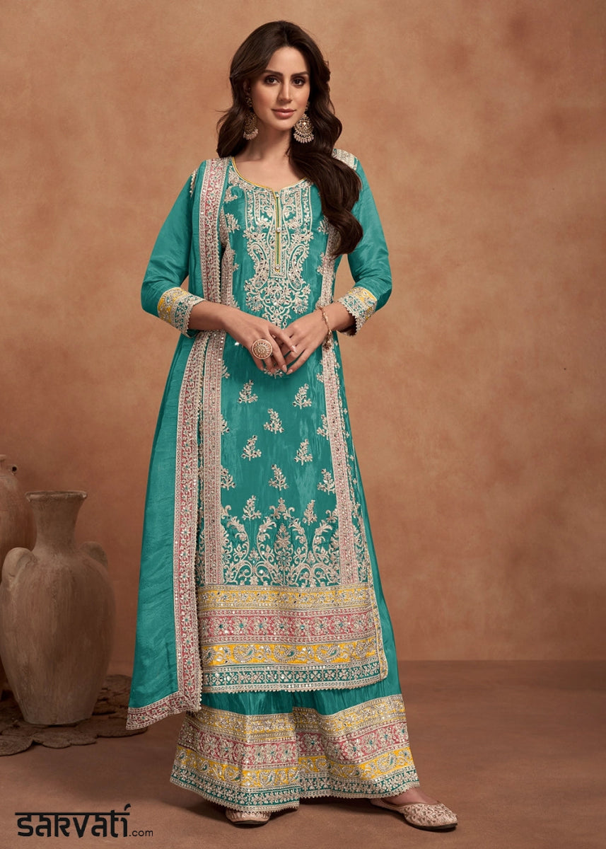 Turquoise Blue Simar Silk Palazzo Suit Adorned with Floral Embroidery - House of Sarvati LLC