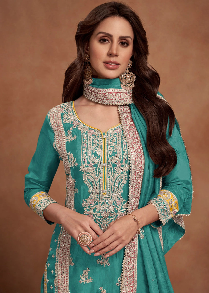 Turquoise Blue Simar Silk Palazzo Suit Adorned with Floral Embroidery - House of Sarvati LLC