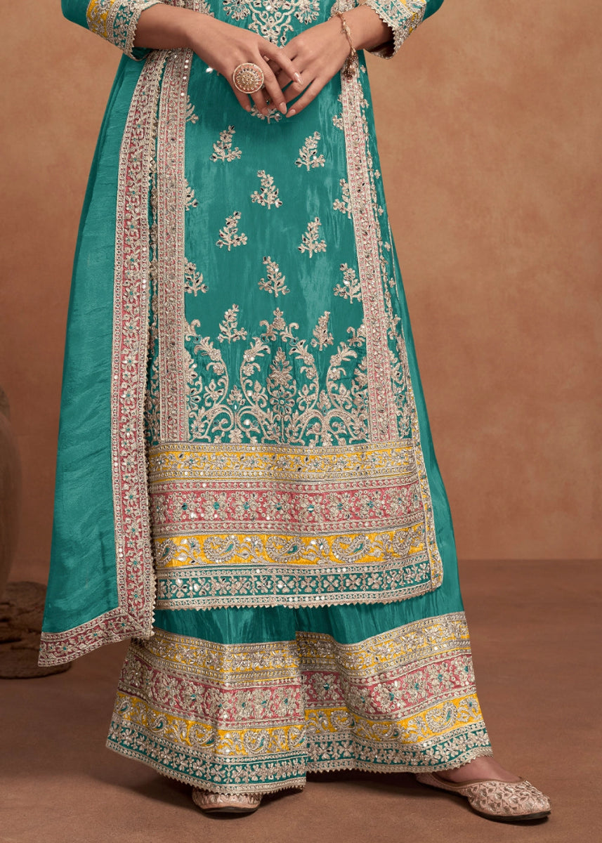 Turquoise Blue Simar Silk Palazzo Suit Adorned with Floral Embroidery - House of Sarvati LLC