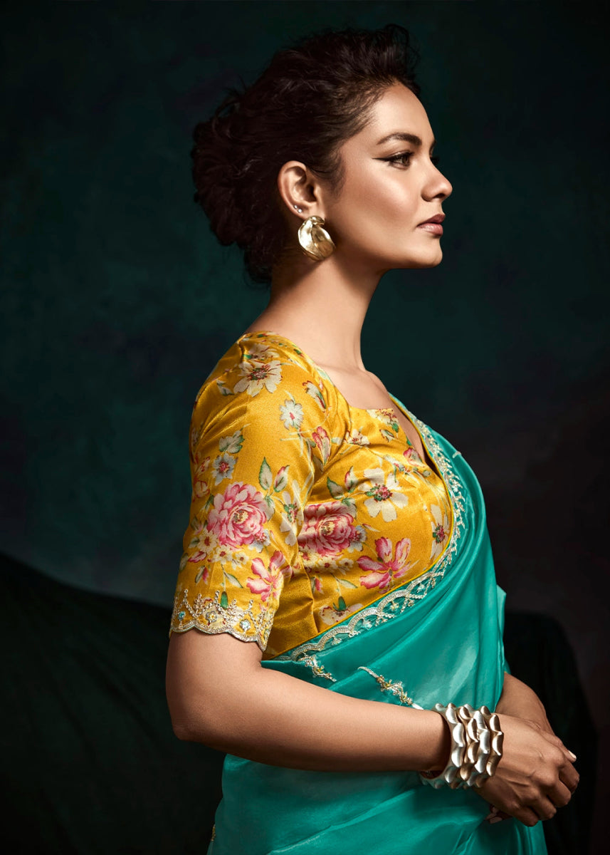 Turquoise Blue Tissue Saree with Dhaga,Thread & Sequin Embellishments - House of Sarvati LLC