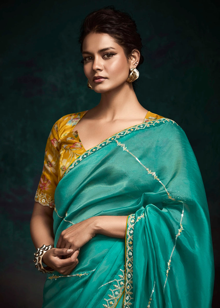 Turquoise Blue Tissue Saree with Dhaga,Thread & Sequin Embellishments - House of Sarvati LLC