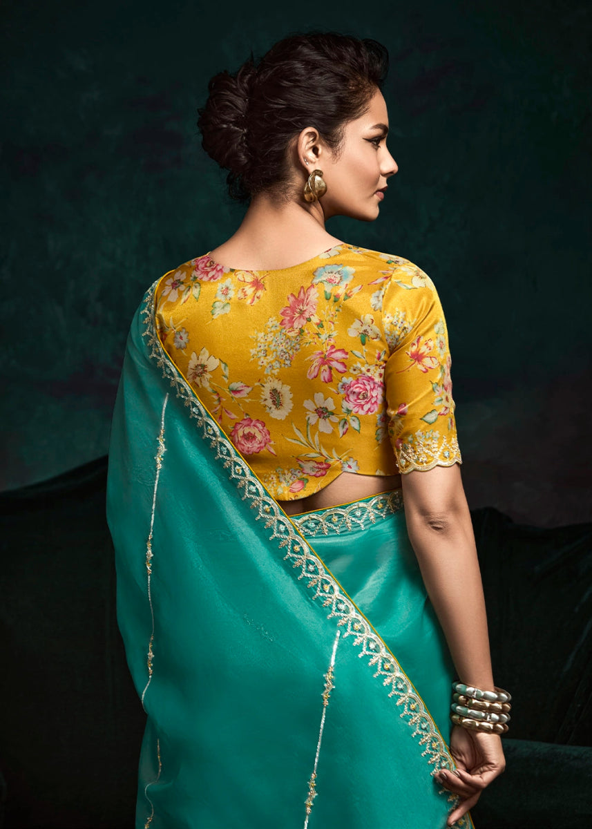 Turquoise Blue Tissue Saree with Dhaga,Thread & Sequin Embellishments - House of Sarvati LLC