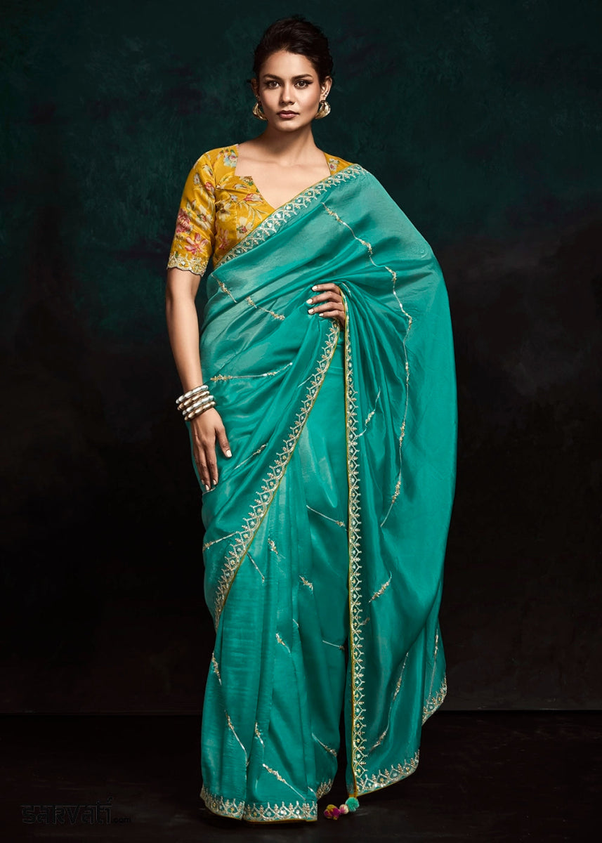 Turquoise Blue Tissue Saree with Dhaga,Thread & Sequin Embellishments - House of Sarvati LLC