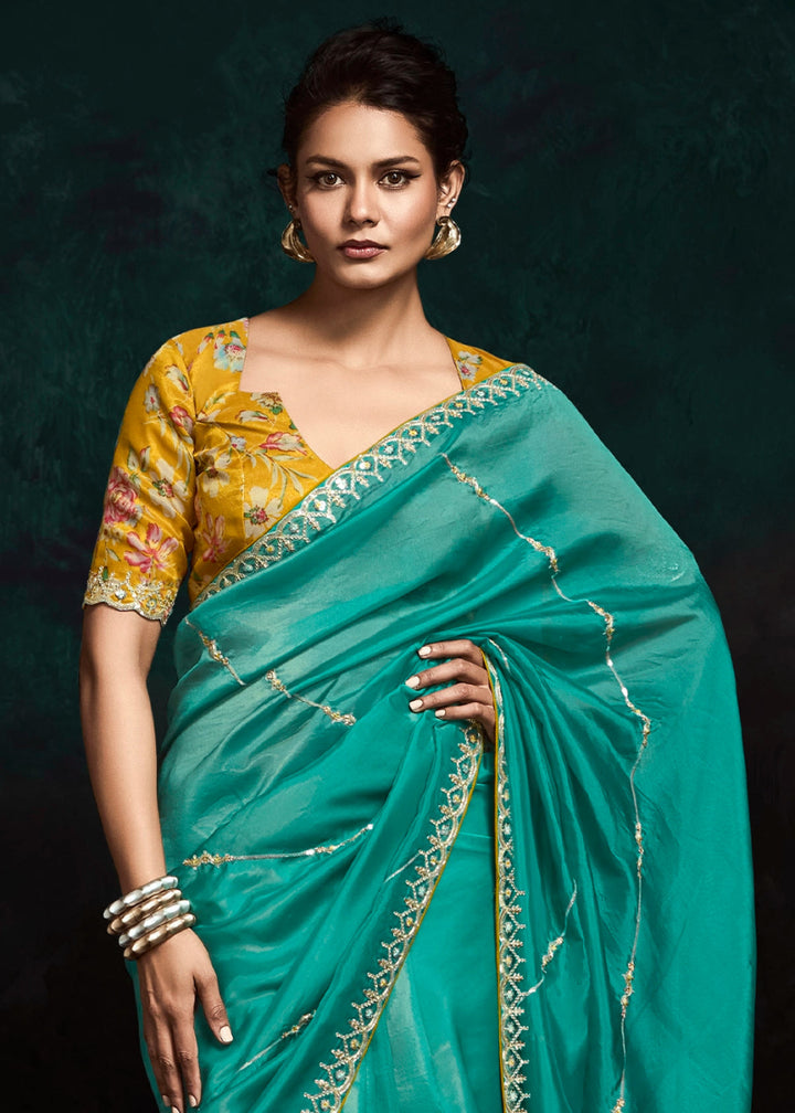 Turquoise Blue Tissue Saree with Dhaga,Thread & Sequin Embellishments - House of Sarvati LLC