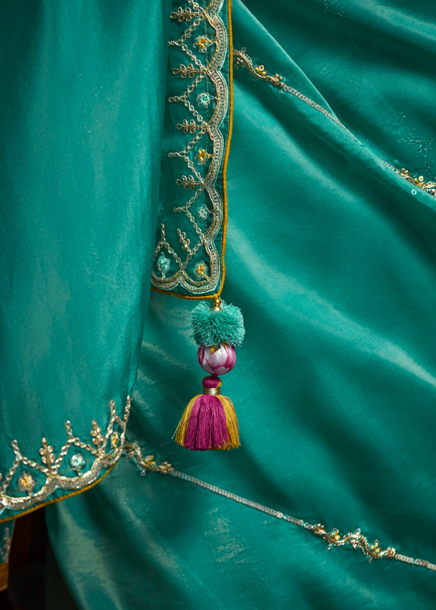 Turquoise Blue Tissue Saree with Dhaga,Thread & Sequin Embellishments - House of Sarvati LLC