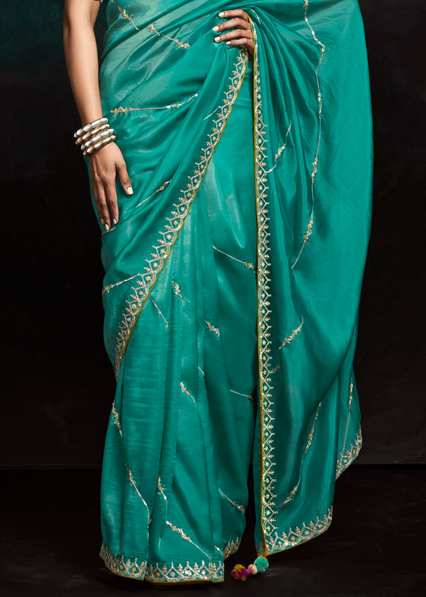 Turquoise Blue Tissue Saree with Dhaga,Thread & Sequin Embellishments - House of Sarvati LLC
