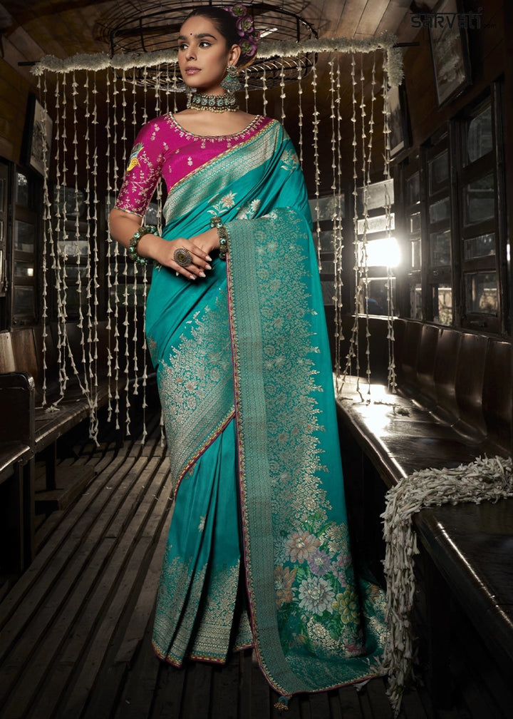 Turquoise Blue Viscous Dola Silk Saree with Opulent Zari Work & Embellished Blouse - House of Sarvati LLC