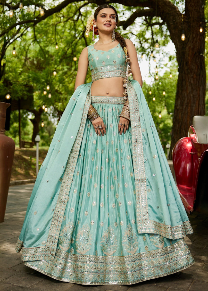 Turquoise Green Lehenga Choli with Floral Sequin Detailing on Chiffon Silk - House of Sarvati LLC