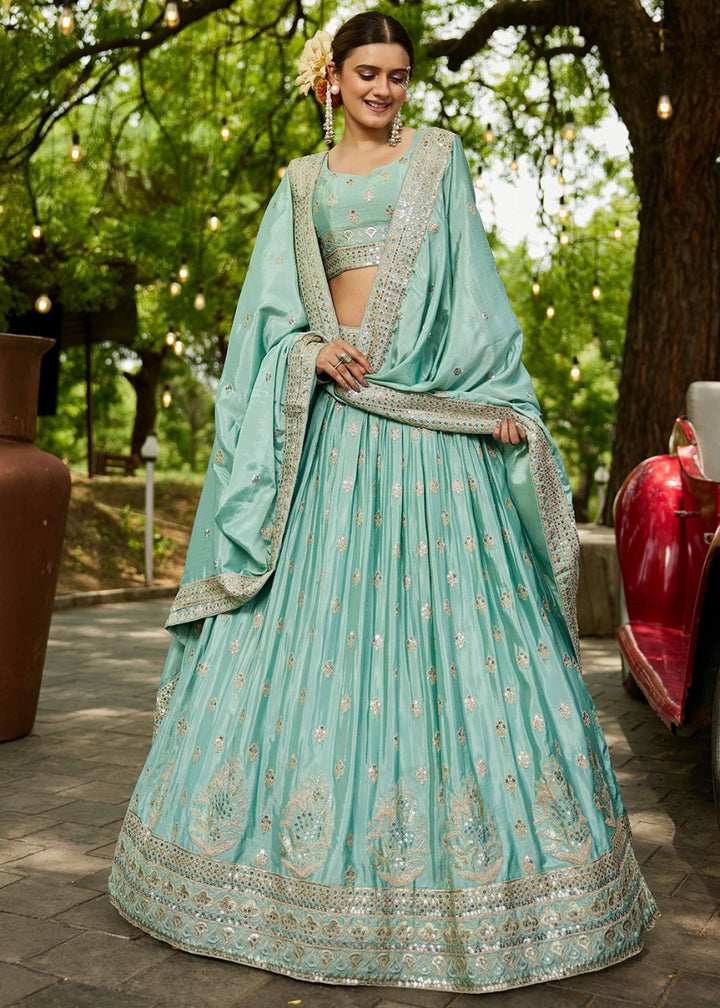 Turquoise Green Lehenga Choli with Floral Sequin Detailing on Chiffon Silk - House of Sarvati LLC