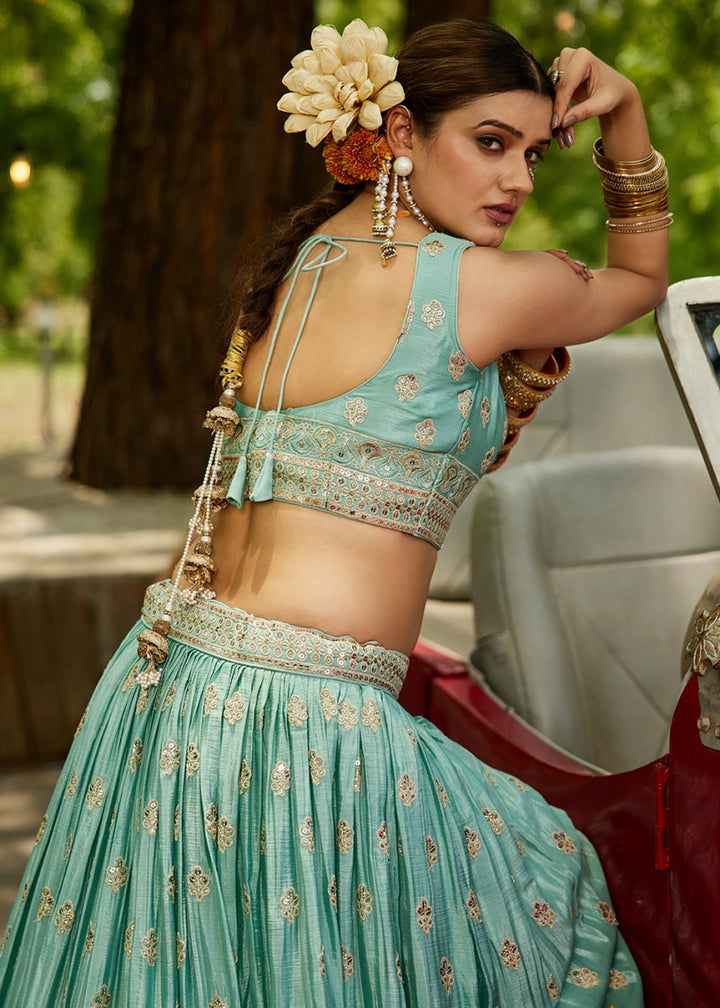 Turquoise Green Lehenga Choli with Floral Sequin Detailing on Chiffon Silk - House of Sarvati LLC