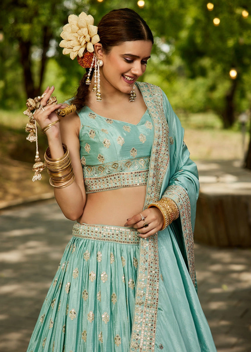Turquoise Green Lehenga Choli with Floral Sequin Detailing on Chiffon Silk - House of Sarvati LLC