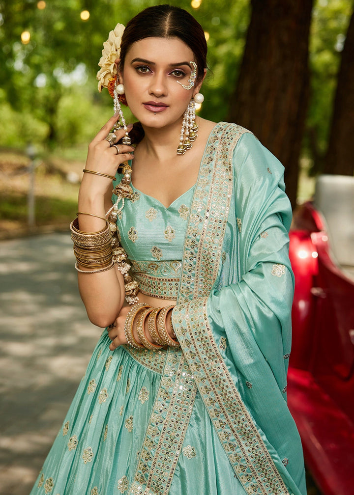 Turquoise Green Lehenga Choli with Floral Sequin Detailing on Chiffon Silk - House of Sarvati LLC